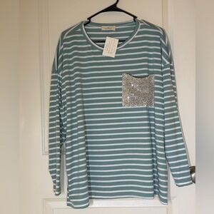 Striped Long Sleeve Tee with Sequin Pocket